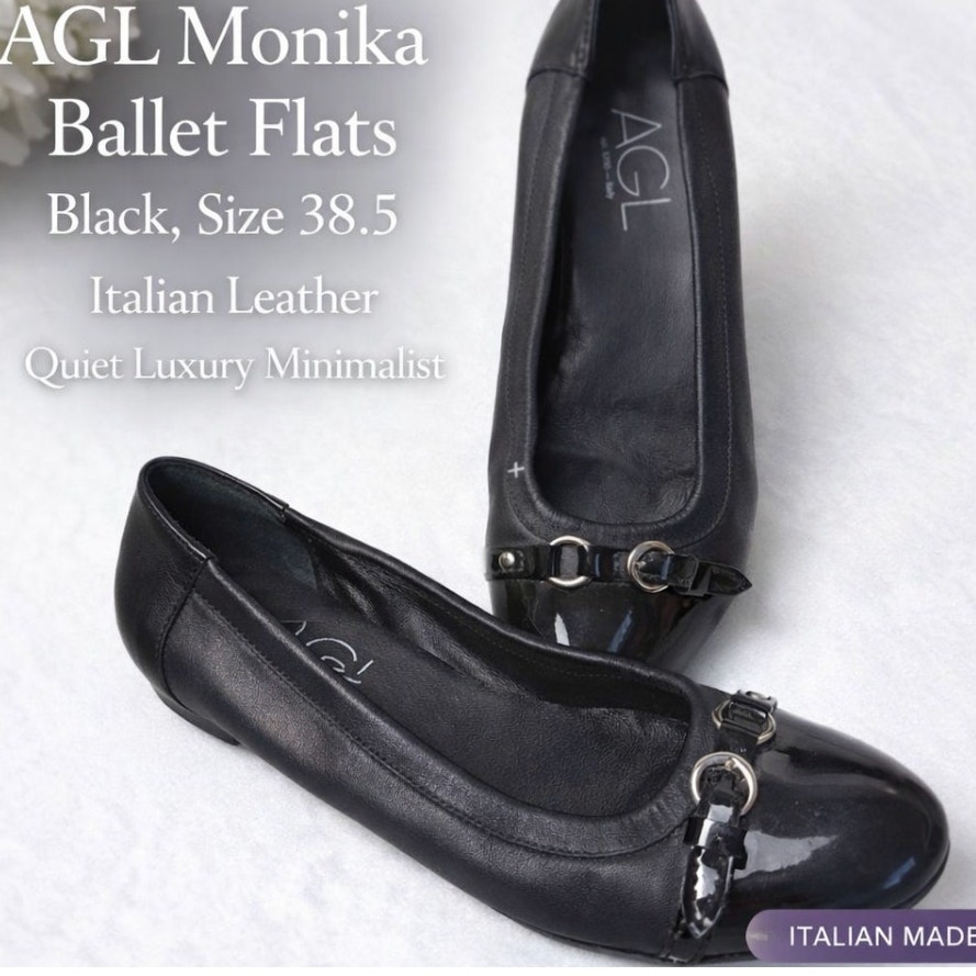 Agl Monika Ballet Flats Black Size 38.5 Italian Leather Quiet Luxury Minimalist